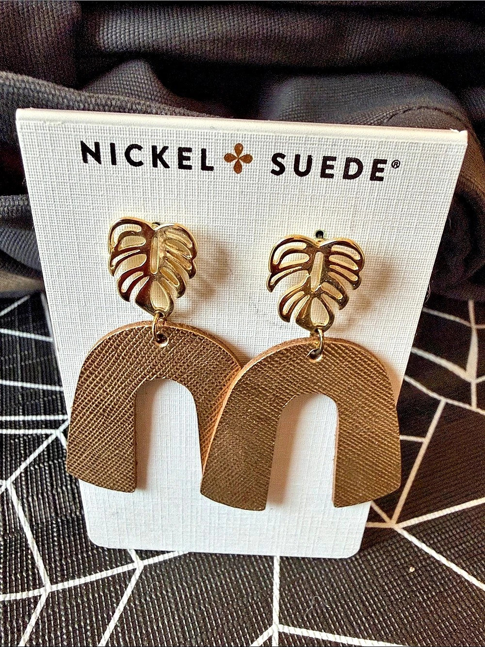 Nickel & Suede Superstar Hoop Leather Hoop Earrings in Brown & Gold NWT